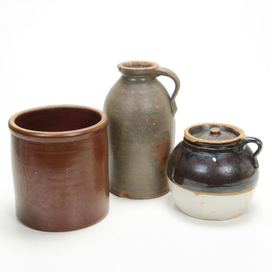 Stoneware One Handled Bottle, Crock and Two Quart Pot, Late 19th-Early 20th C.