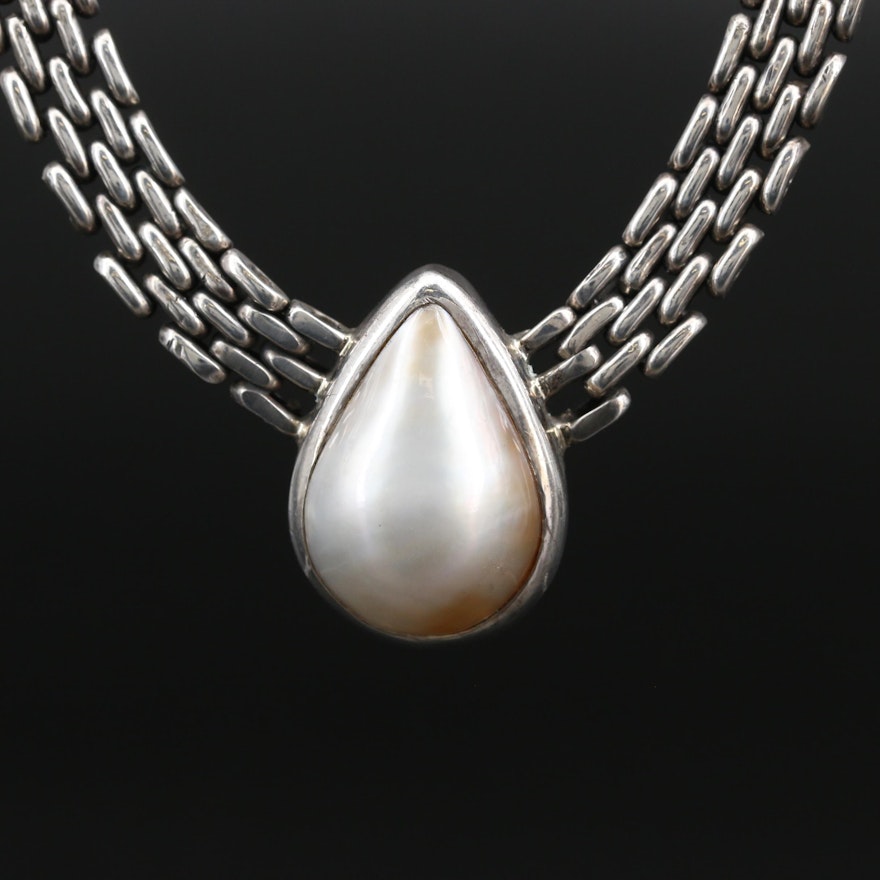 Sterling Silver Pearl Necklace Featuring Mesh Style Chain