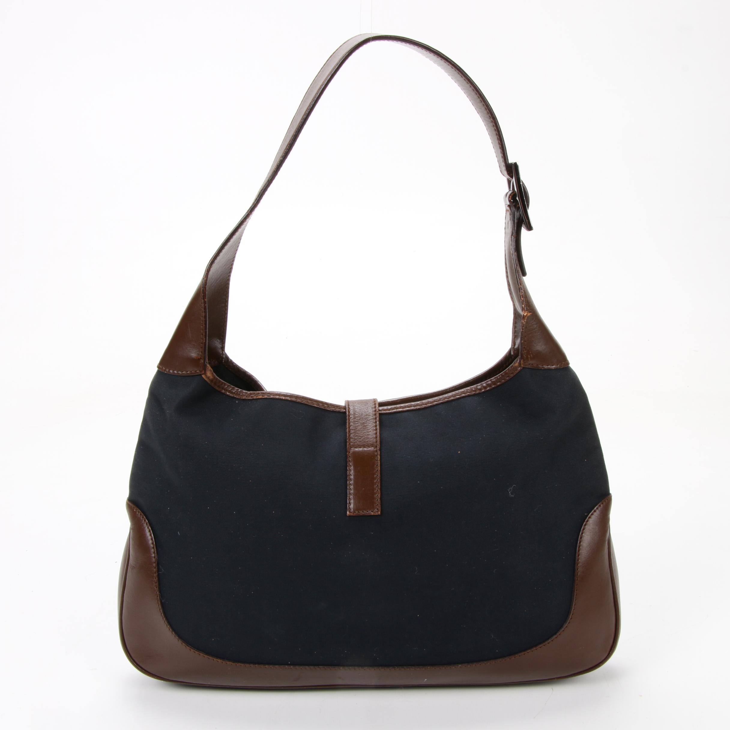 Gucci Jackie Bag in Navy Canvas and Brown Leather