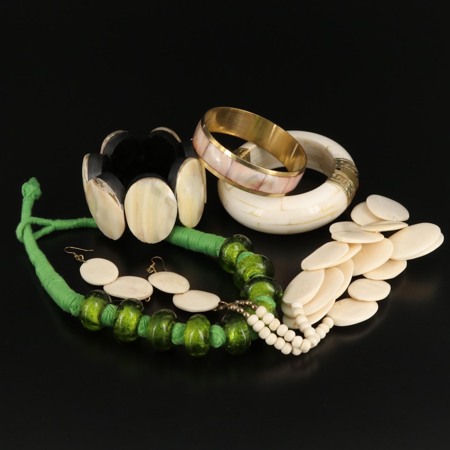 Assorted Jewelry Featuring Bone, Mother of Pearl and Glass