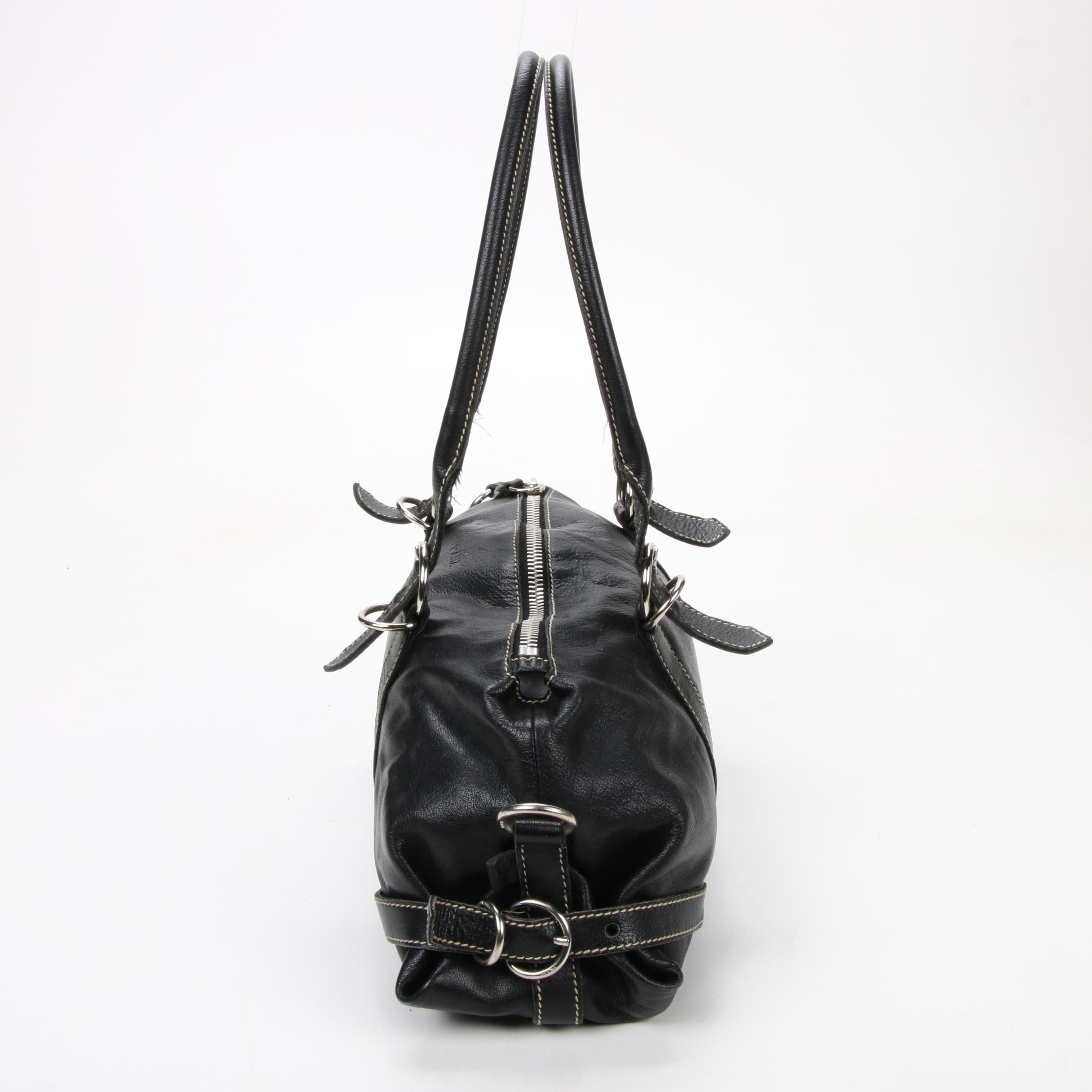 Prada Shoulder Bag in Black Grained Leather with Contrast Stitching