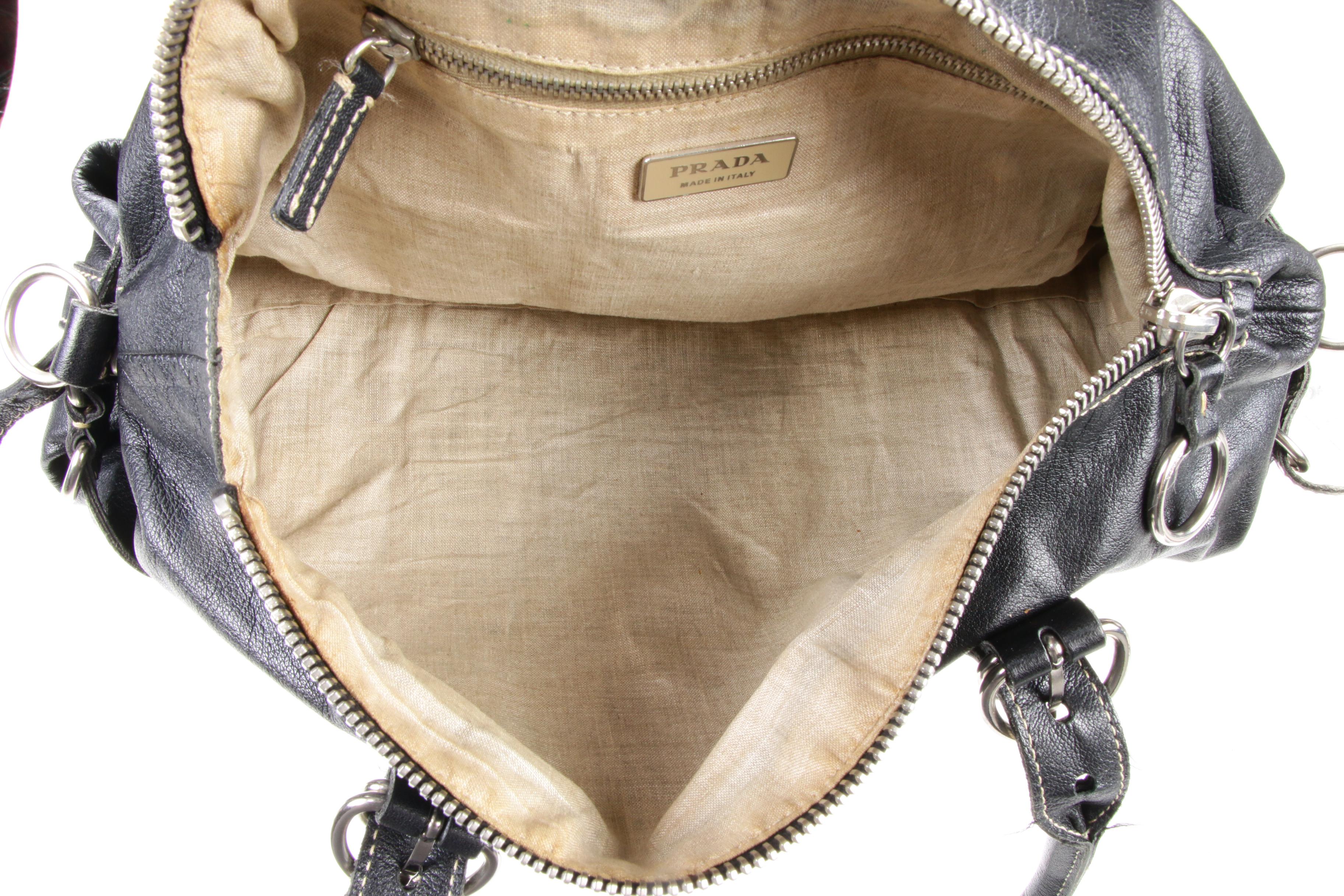 Prada Shoulder Bag in Black Grained Leather with Contrast Stitching