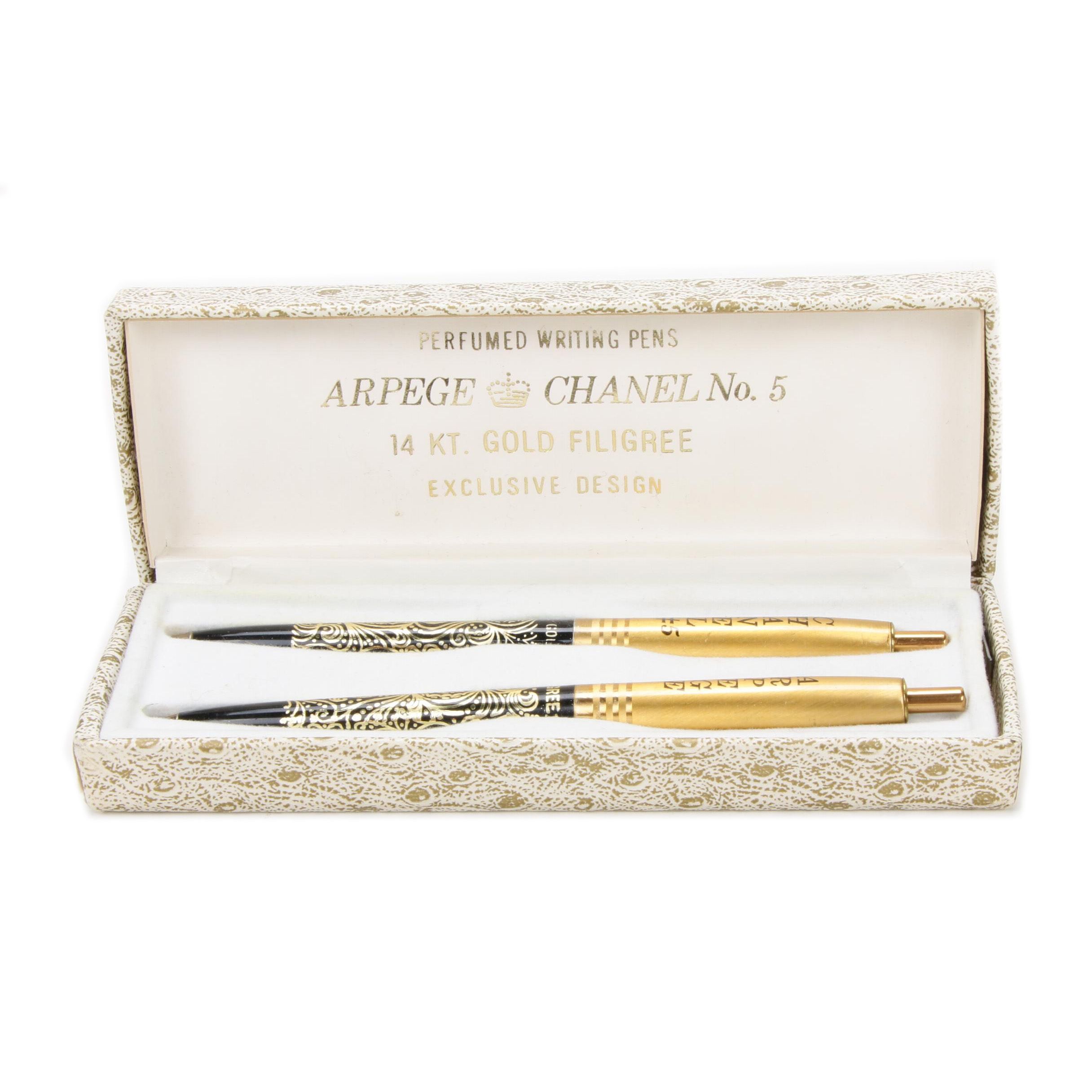 Chanel No. 5 and Arpege 14K Gold Filigree Perfumed Pen Set, Vintage