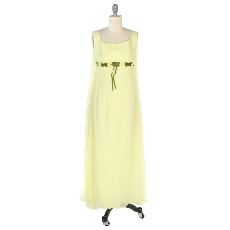 Union Made Empire Waist Sleeveless Cape Dress in Yellow Crepe Chiffon, Vintage