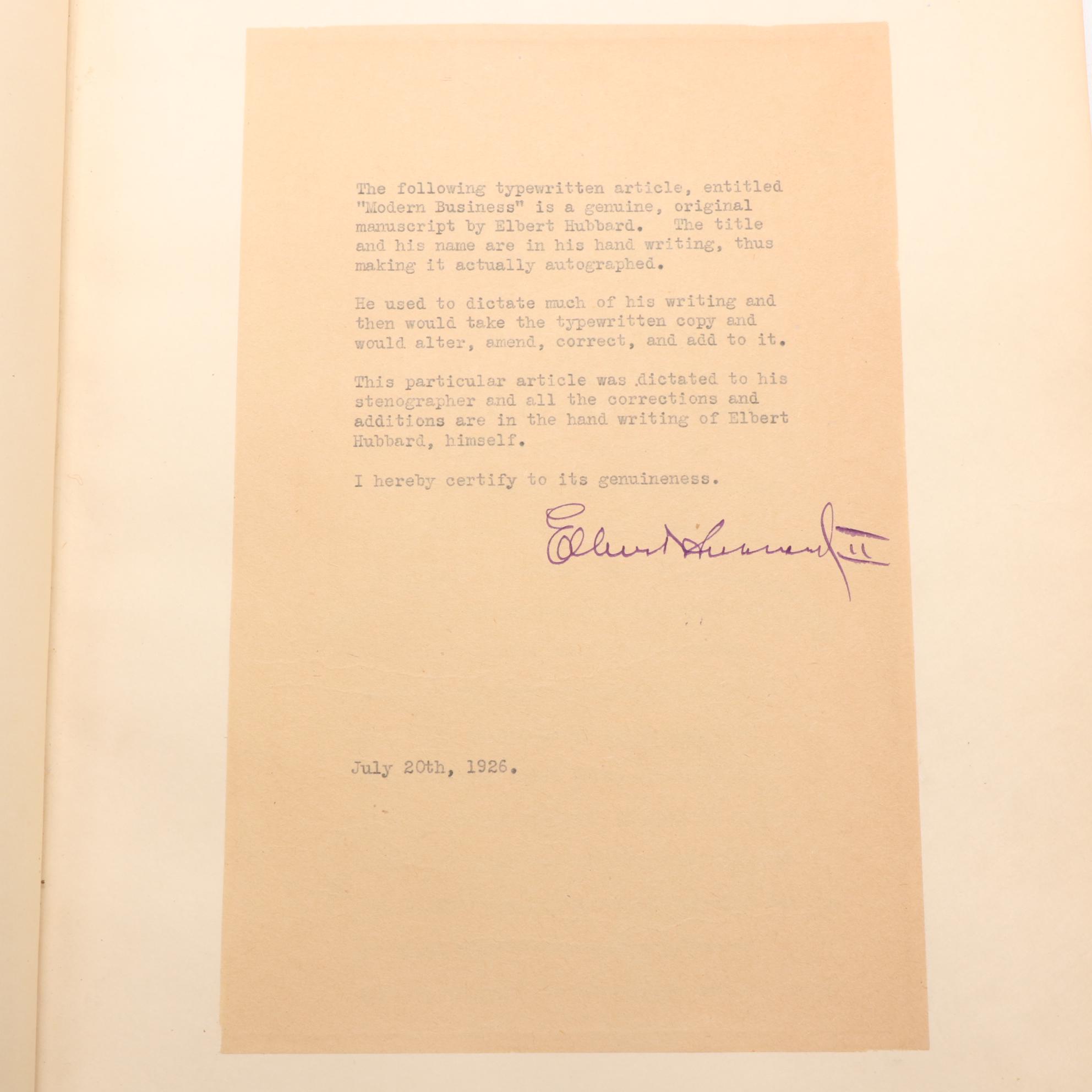 "Modern Business" Manuscript with "A Message to Garcia" by Elbert Hubbard, 1926
