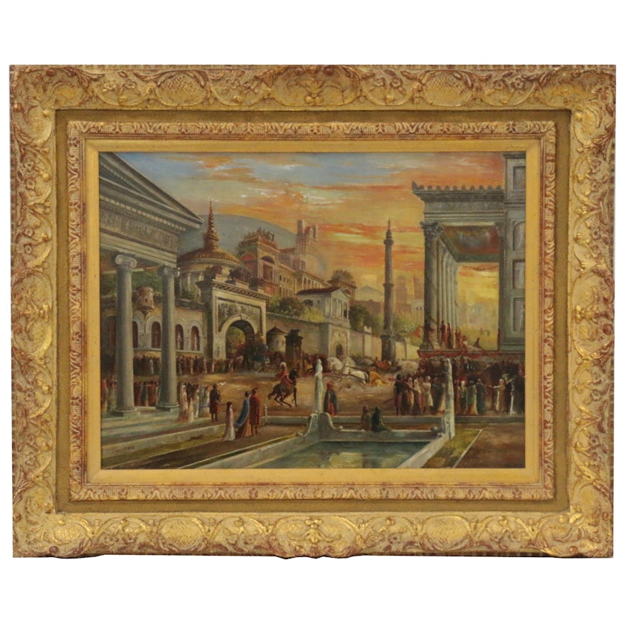 J. Mayers Classical Architectural Capriccio Oil Painting with Crowd, 1889