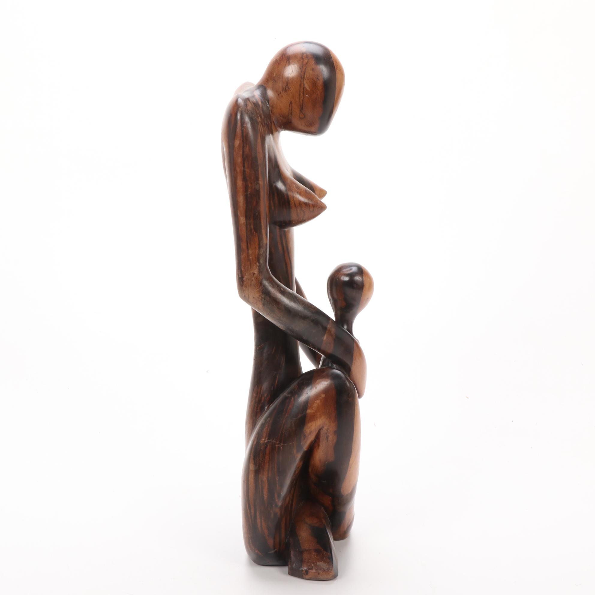 Shona Style Mother and Child Carved Wood Sculpture, Zimbabwe