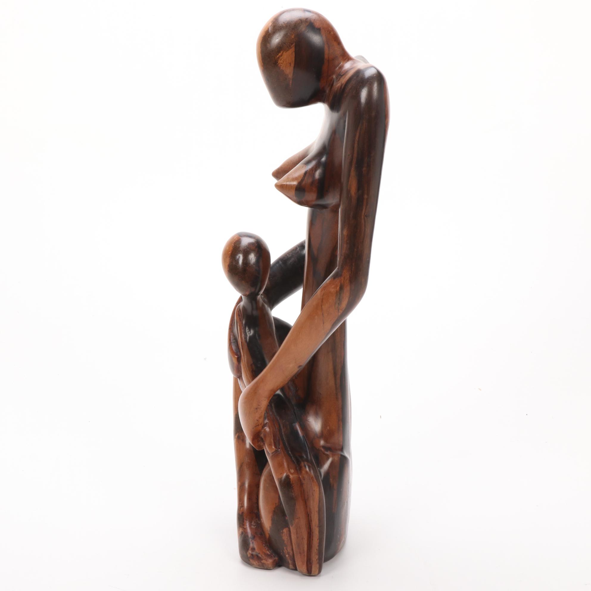 Shona Style Mother and Child Carved Wood Sculpture, Zimbabwe
