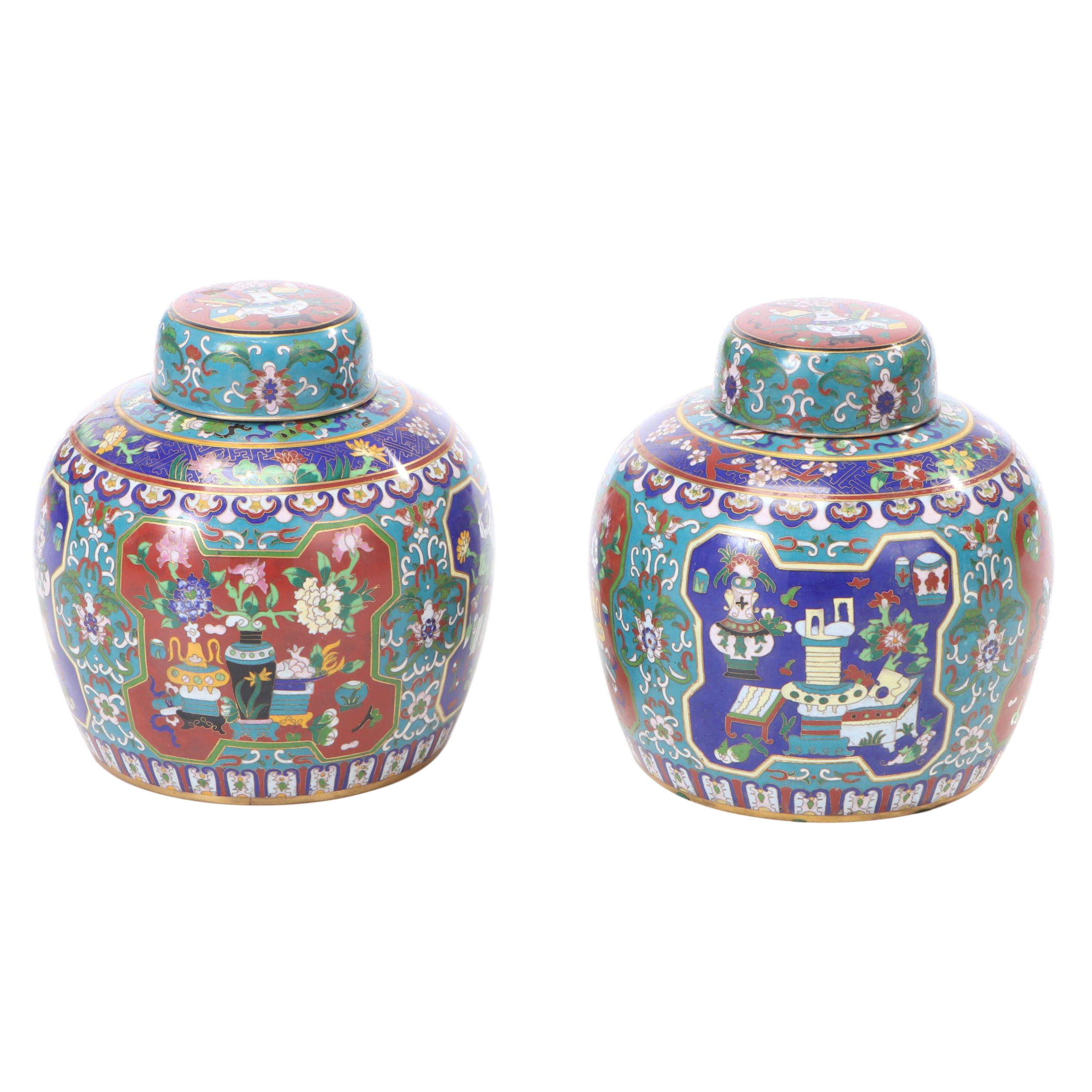 Pair of Imari Style Cloisonné Lidded Jars