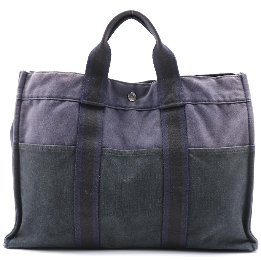 Hermès Fourre Tout MM Tote Bag in Blue and Black Cotton Canvas
