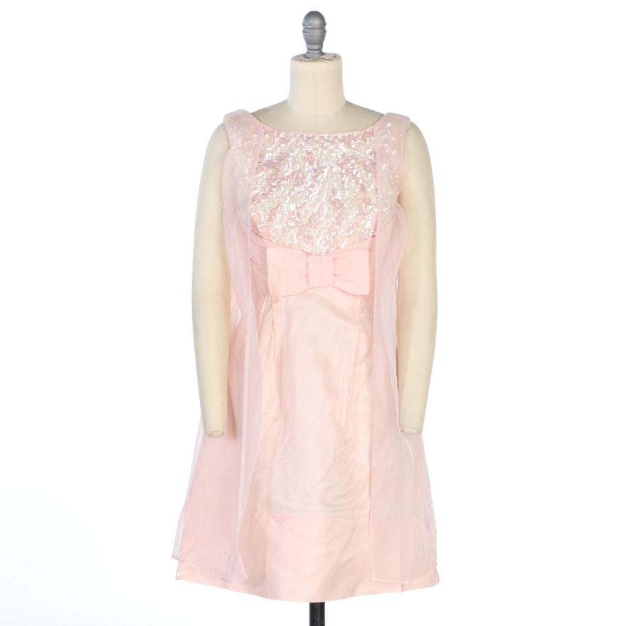 Empire Waist Sleeveless Cape Dress in Pale Pink with Sequins, 1960s Vintage