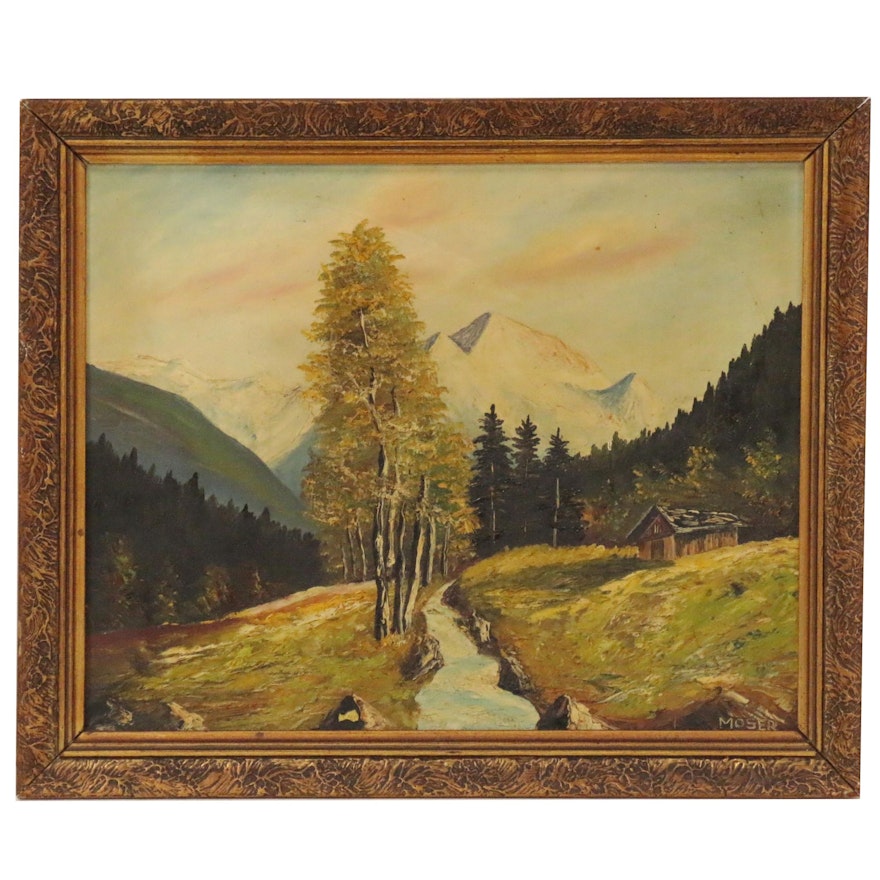 Landscape Oil Painting of Mountain Scene with Cabin, 20th Century