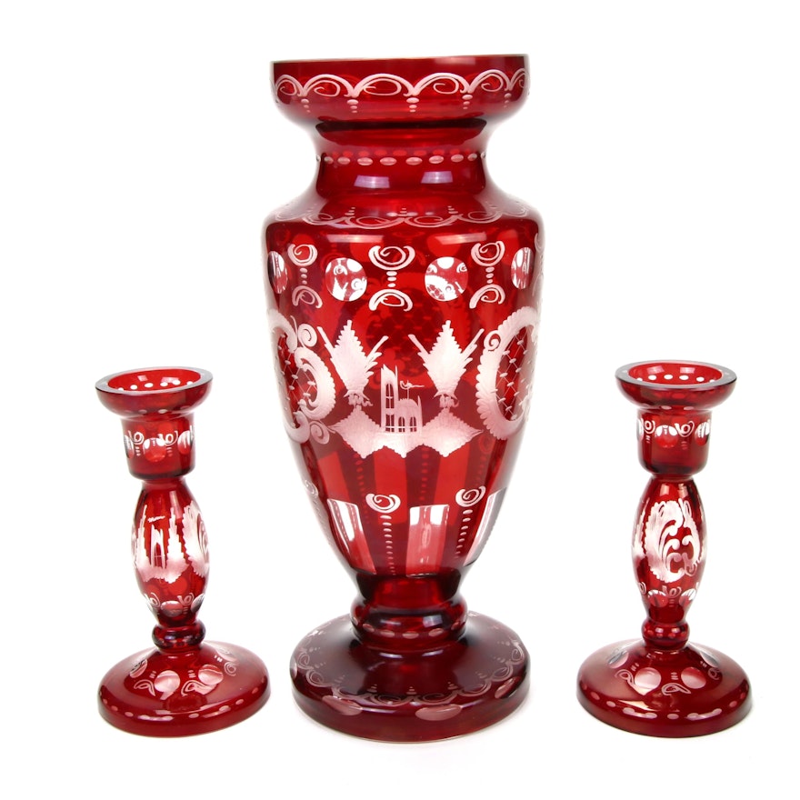 Bohemian Cut-to-Clear Ruby Glass Pictorial Vase and Candlesticks, Early 20th C.