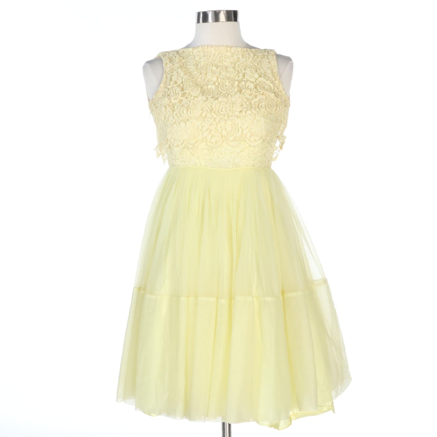 Pleated A-Line Sleeveless Dress in Yellow Lace and Chiffon, 1960s Vintage