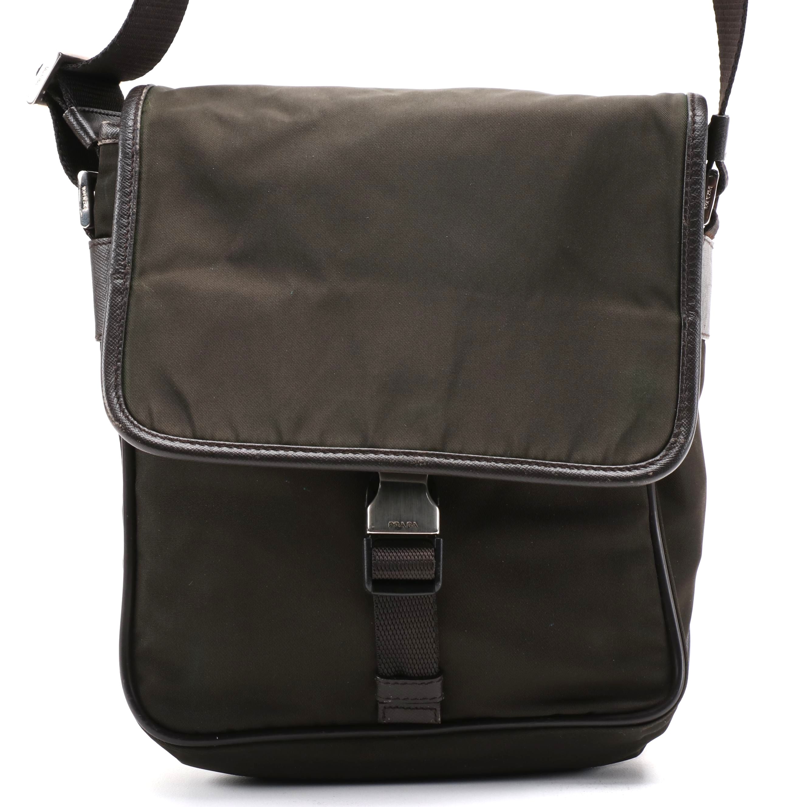 Prada Dark Brown Nylon Shoulder Bag with Saffiano Leather Trim