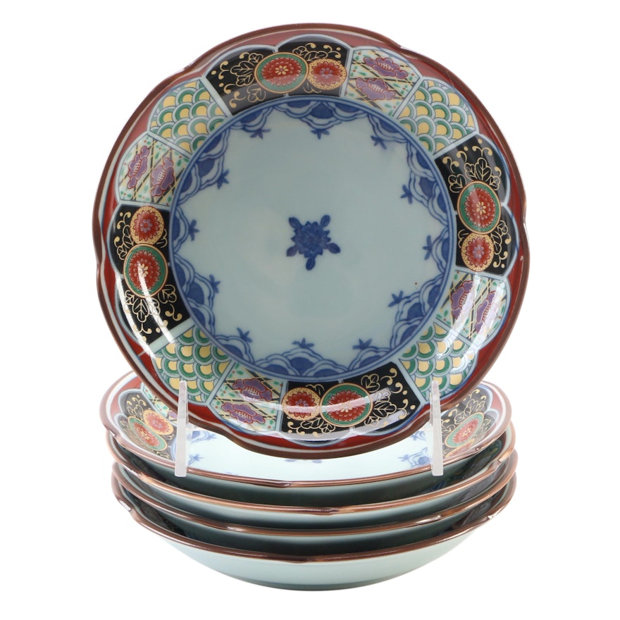 Japanese Imari Style Transfer Decorated Porcelain Shallow Bowls