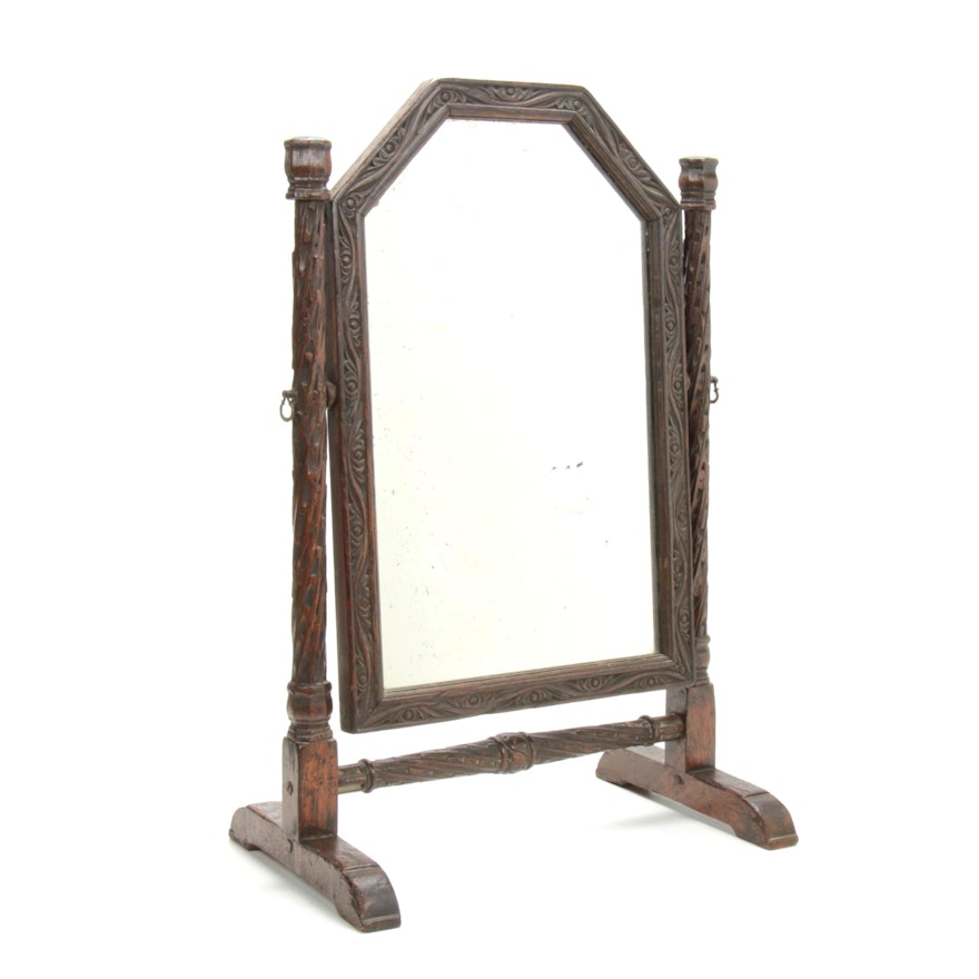 Hand Carved English Oak Shaving Mirror, Late 19th to Early 20th Century