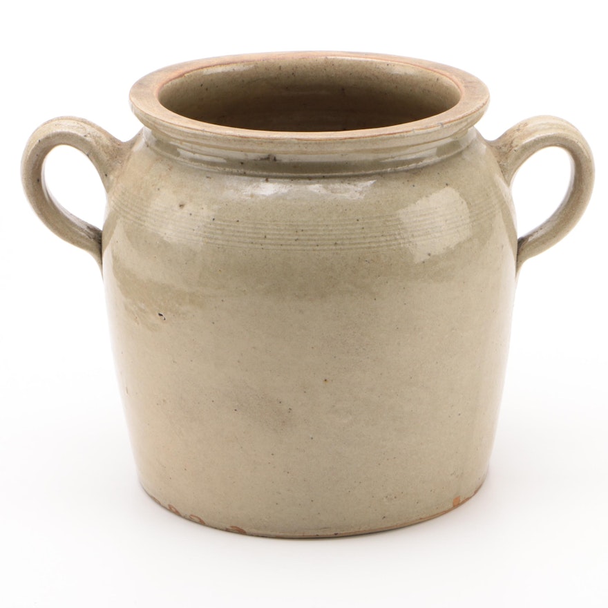 Salt Glazed Stoneware Four Quart Open Loop Handled Crock, 20th Century