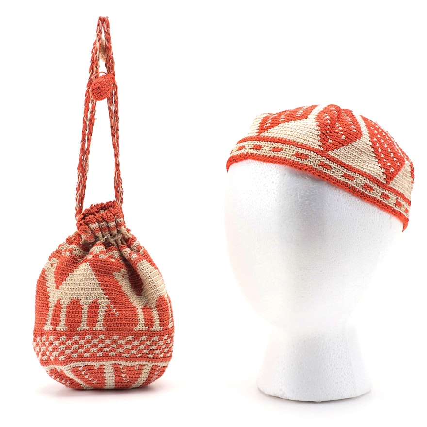North African Style Crochet Kufi Hat and Drawstring Purse