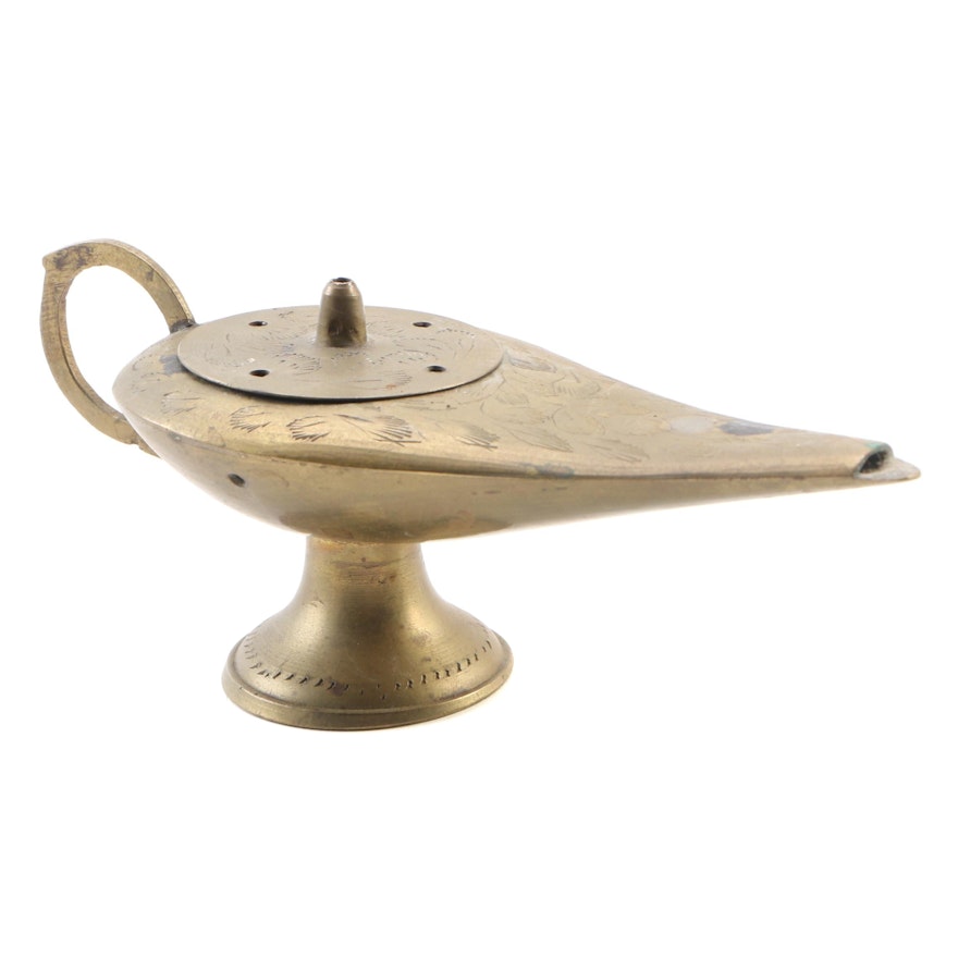 Indian Brass Oil Lamp Style Incense Burner with Etched Foliate Designs