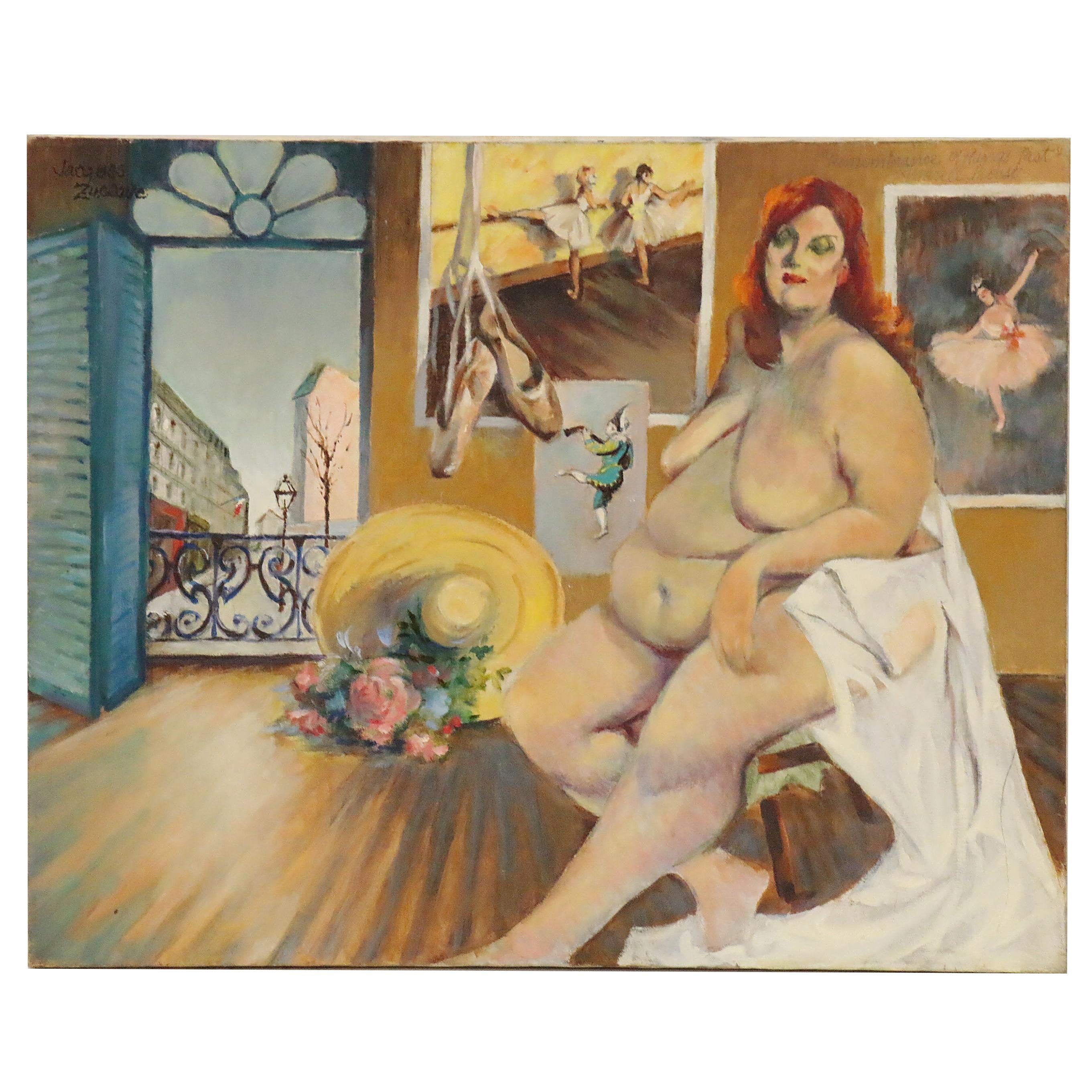 Jacques Zuccaire Figural Oil Painting of Interior with Seated Female Nude