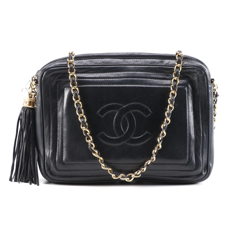 Chanel Black Leather Logo and Tassel Shoulder Bag