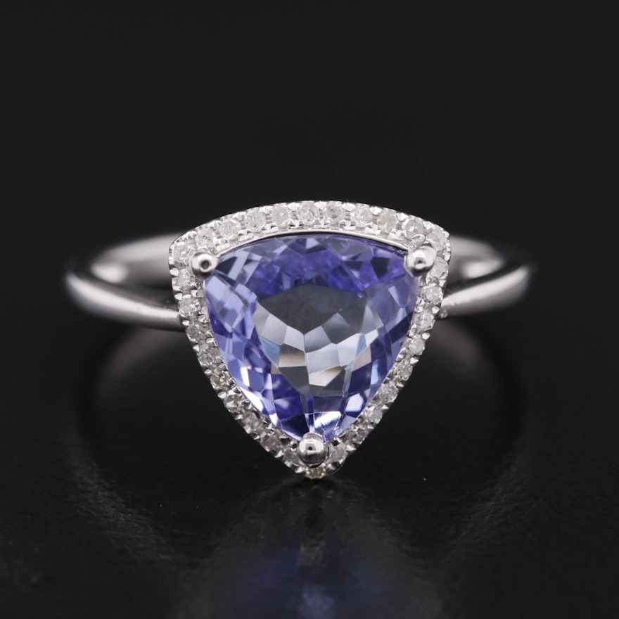 14K Triangular Faceted Tanzanite and Diamond Halo Ring