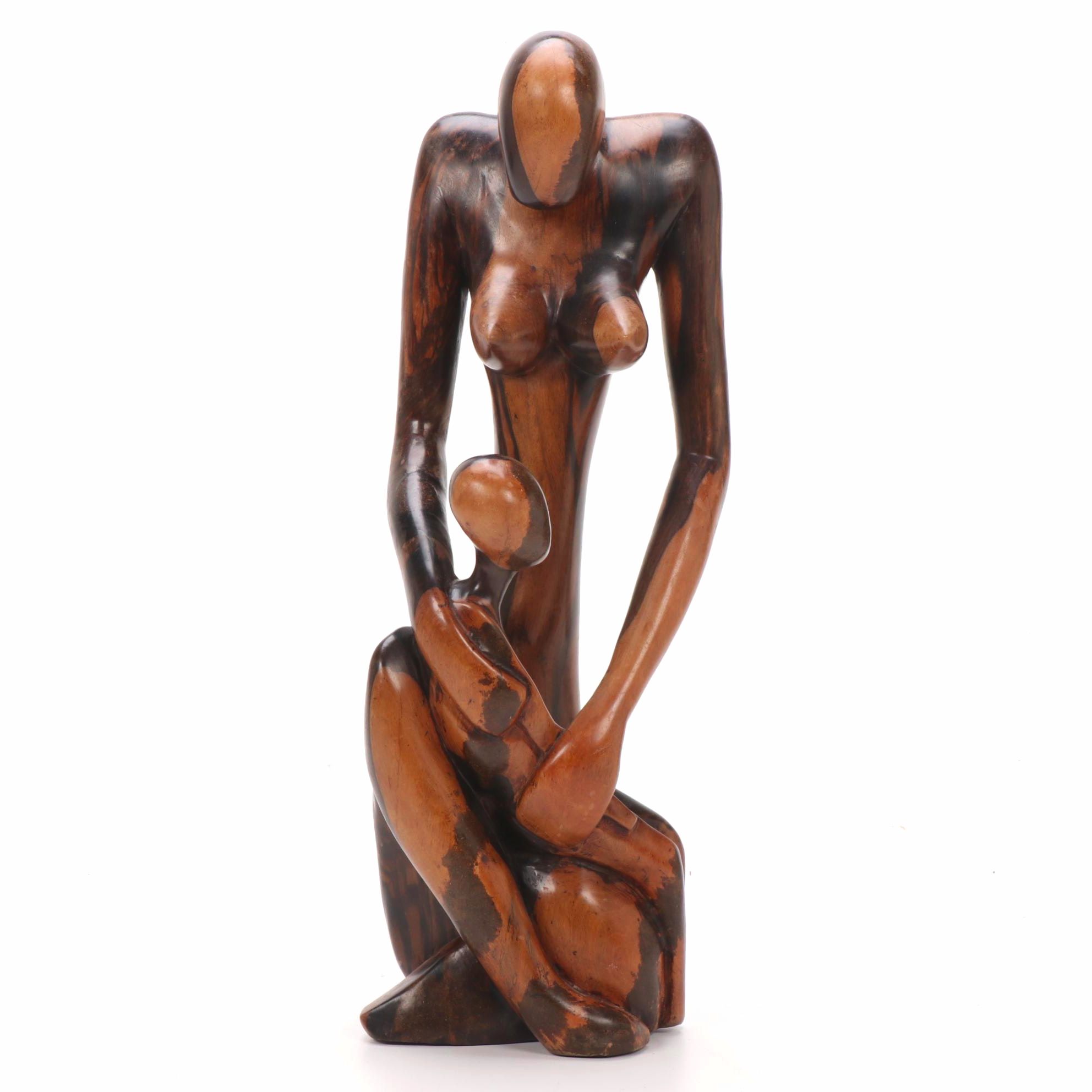 Shona Style Mother and Child Carved Wood Sculpture, Zimbabwe