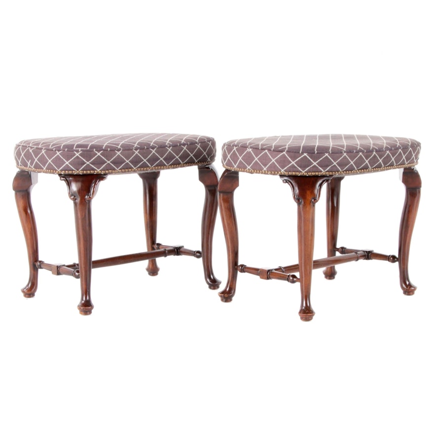 Queen Anne Style Walnut, Upholstered and Brass-Tacked Vanity Stool