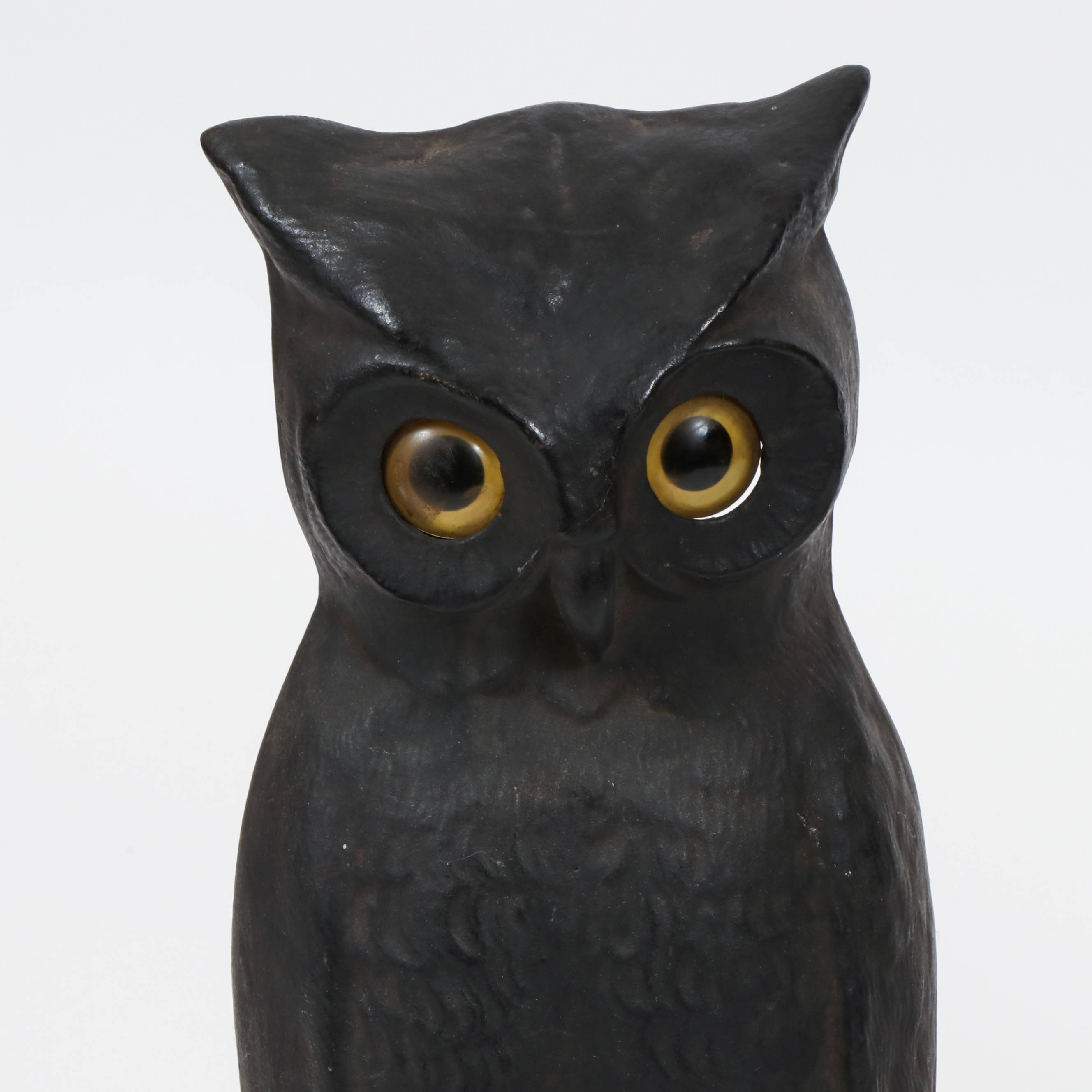 Peck, Stow & Wilcox Cast Iron Owl Andirons with Glass Eyes, Early 20th C.