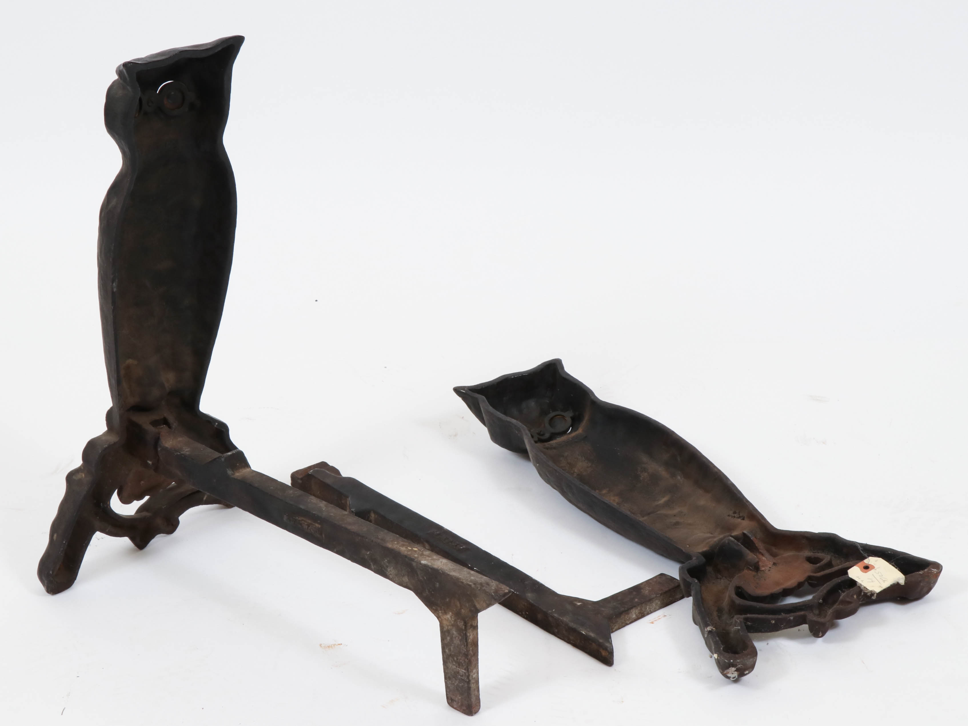 Peck, Stow & Wilcox Cast Iron Owl Andirons with Glass Eyes, Early 20th C.