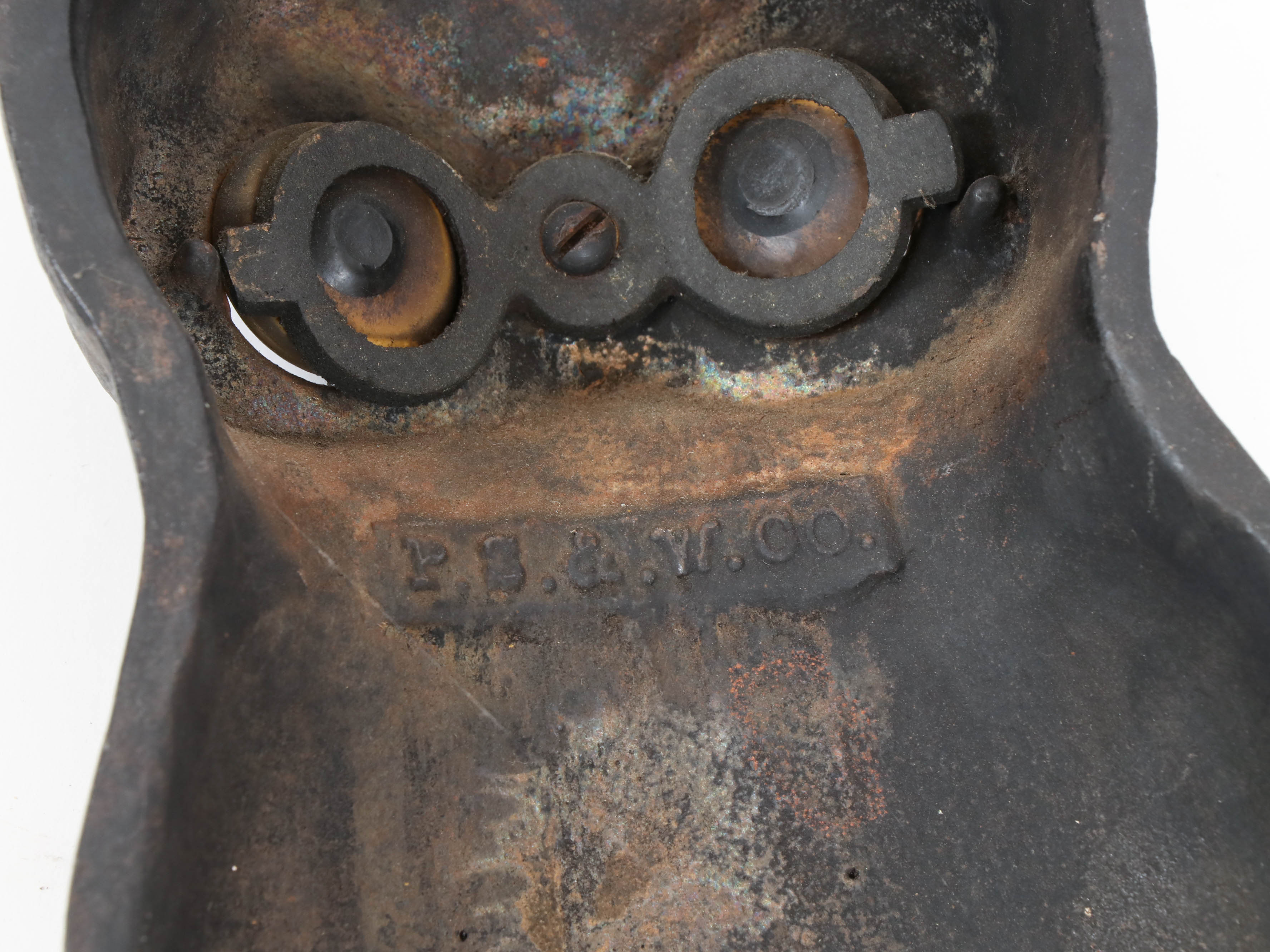 Peck, Stow & Wilcox Cast Iron Owl Andirons with Glass Eyes, Early 20th C.