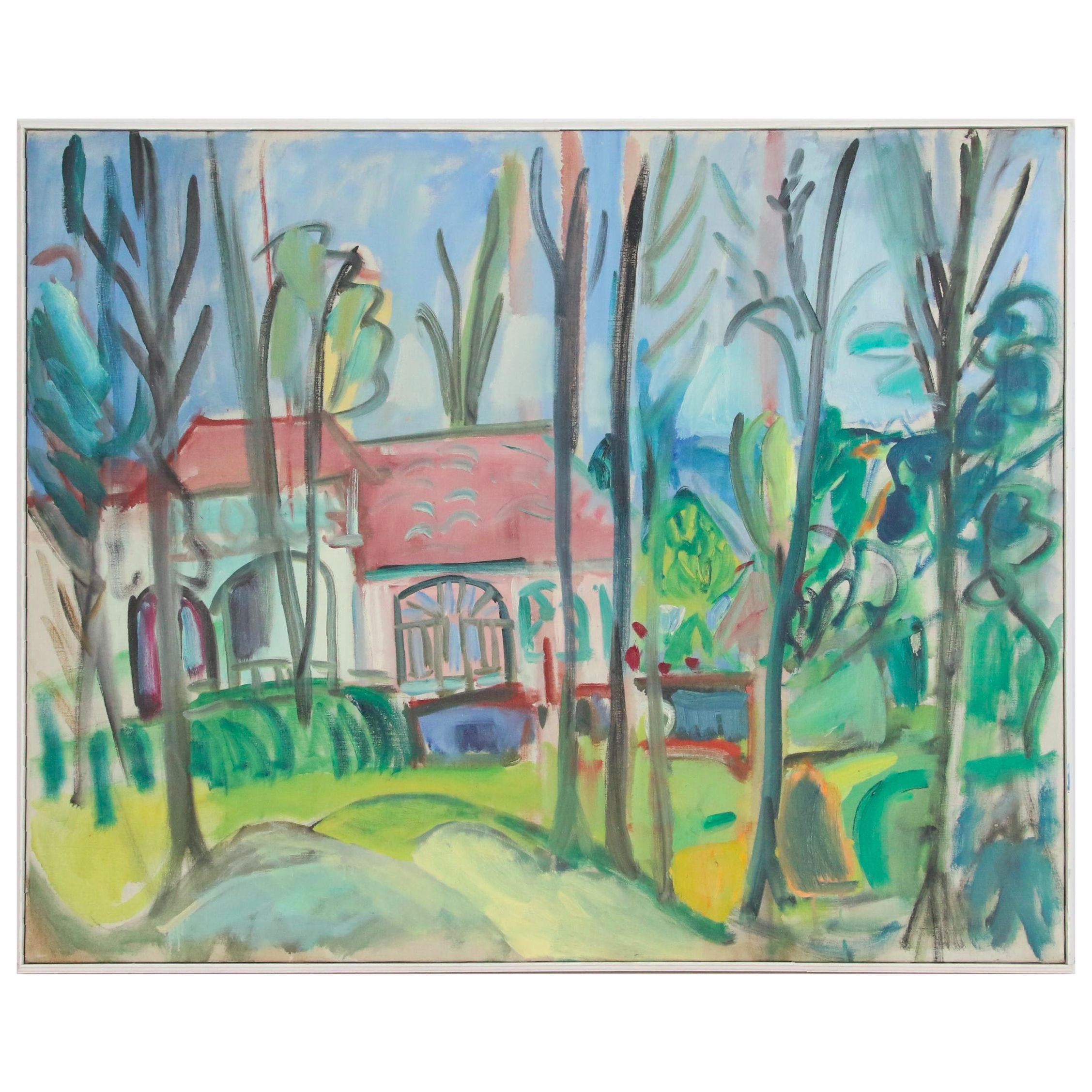 Marilyn Powers Oil Painting of Modernist Landscape with House