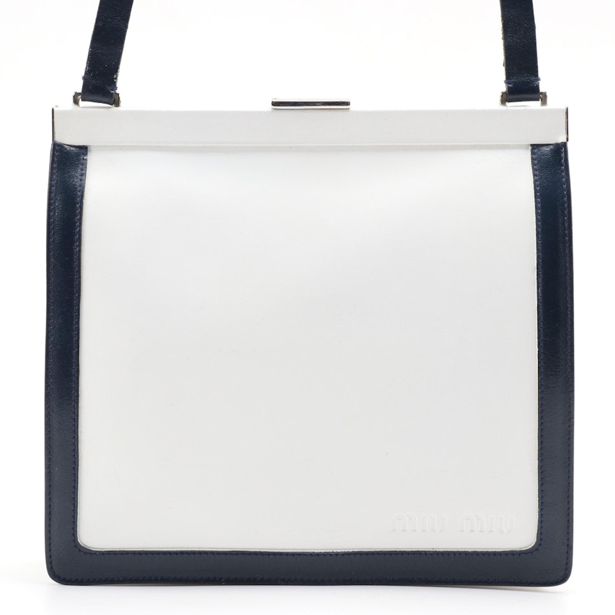 Miu Miu Shoulder Bag in White with Navy Leather Trim