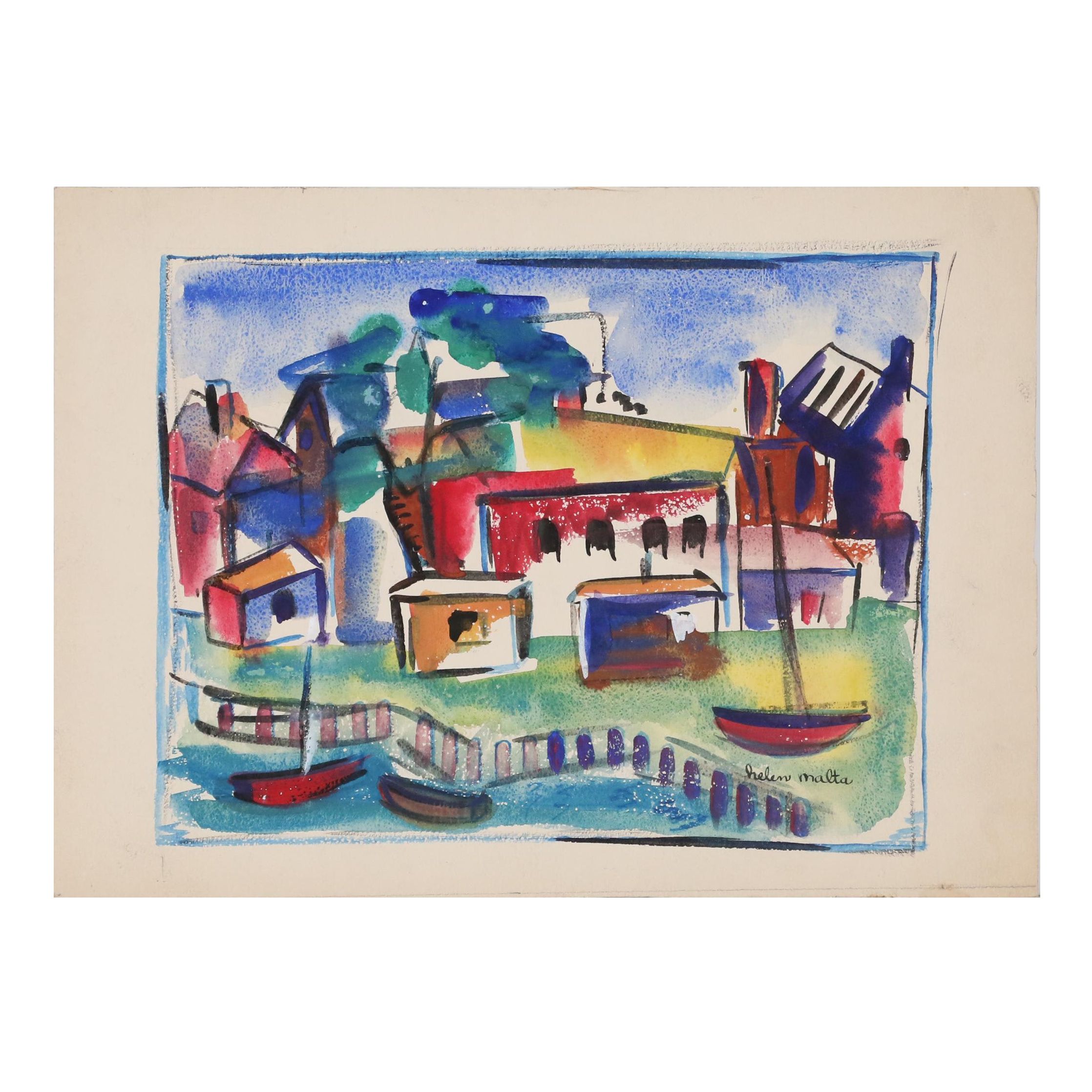 Helen Malta Abstract Cityscape Watercolor, circa 1940