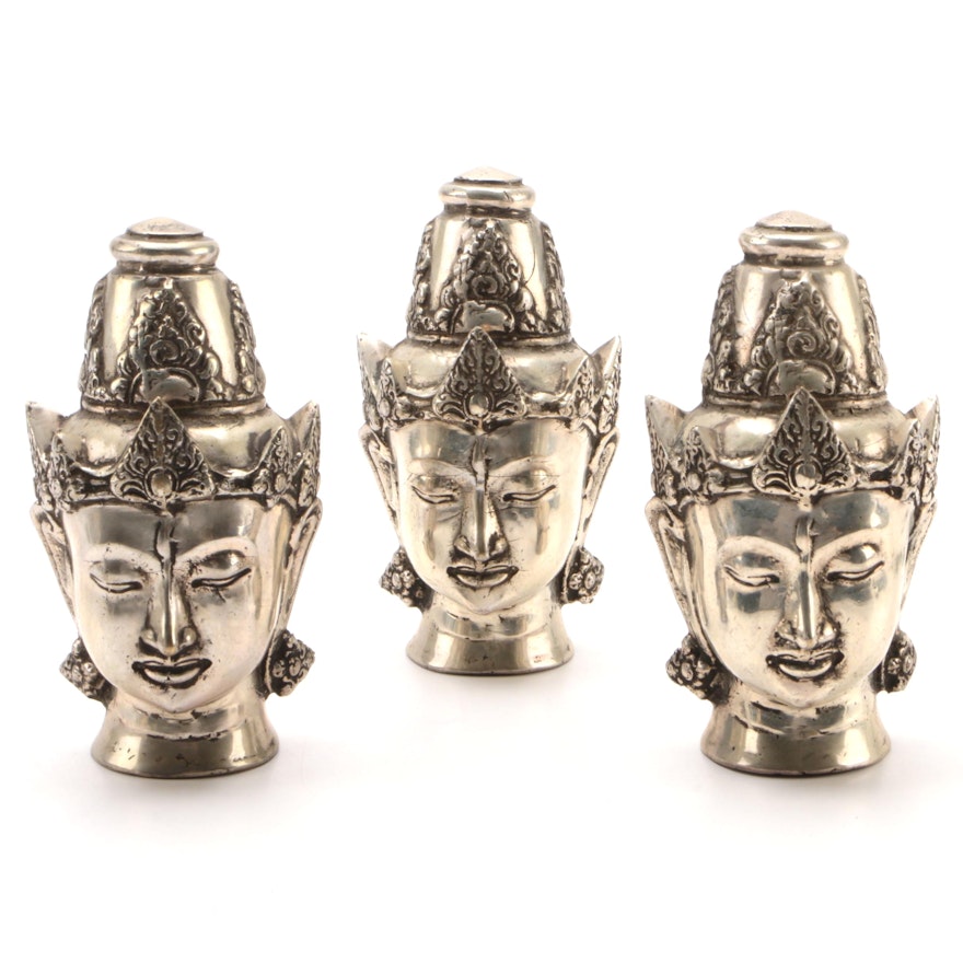 Cambodian Style Silver Tone Metal Buddha Busts