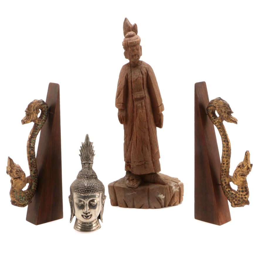 Thai Giltwood and Glass Embellished Nāgas with Buddhist Figures