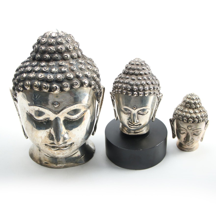 Three Thai Silver Tone Metal Buddha Busts