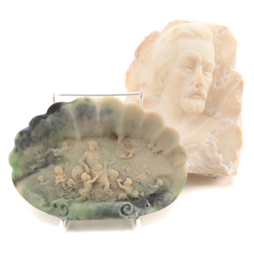 Carved Alabaster Bas Relief Male Bust with Incolay Stone Dish