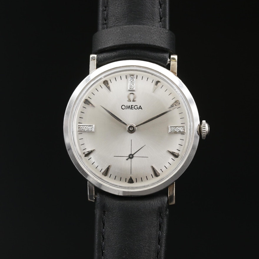1957 Omega 14K White Gold and Diamonds Stem Wind Wristwatch