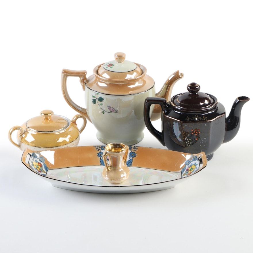 German "Celebrate" Lusterware Sugar Bowl with Assorted Japanese Porcelain