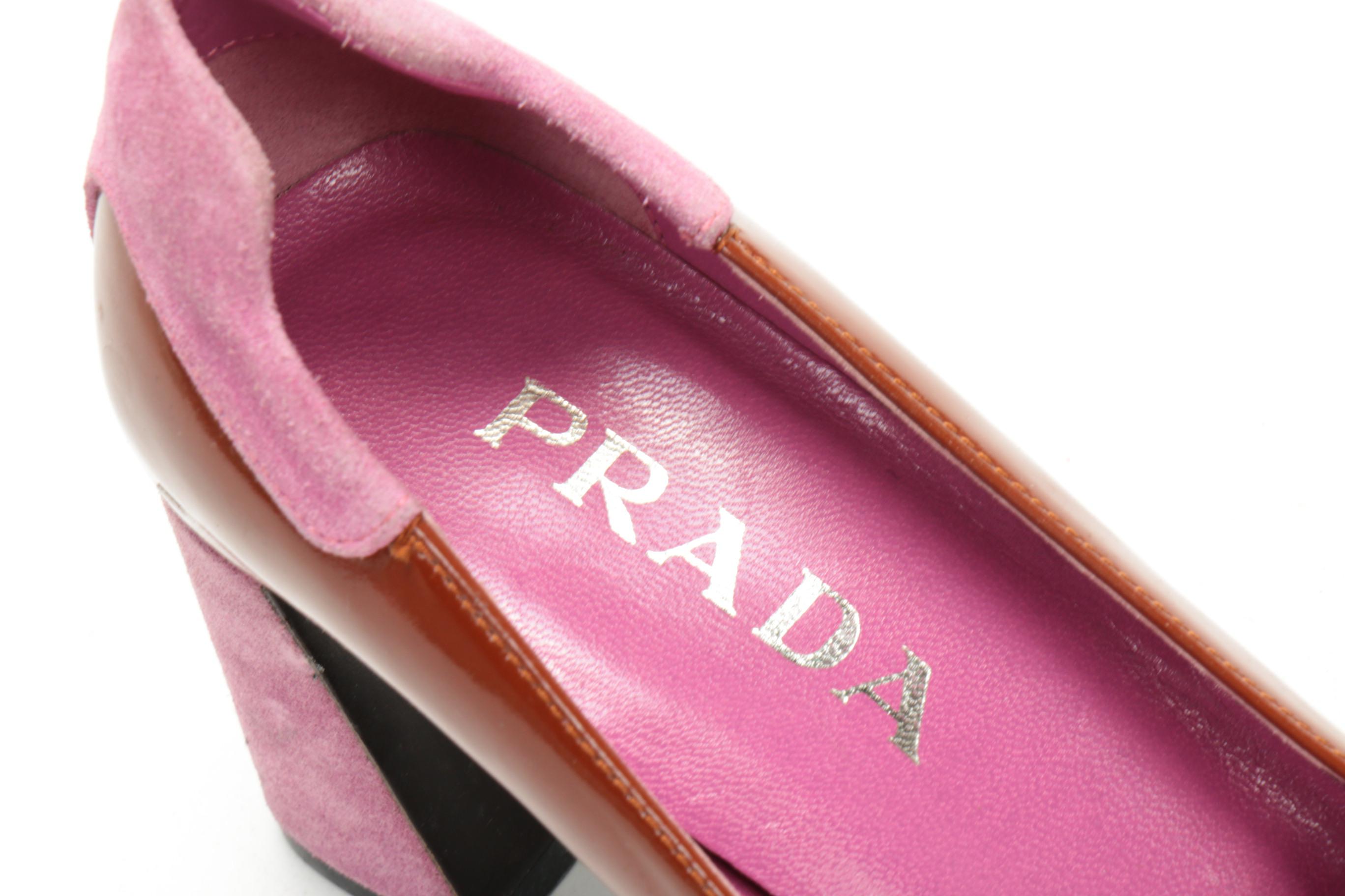 Prada Block Heel Loafers in Pink Suede and Rust Patent Leather