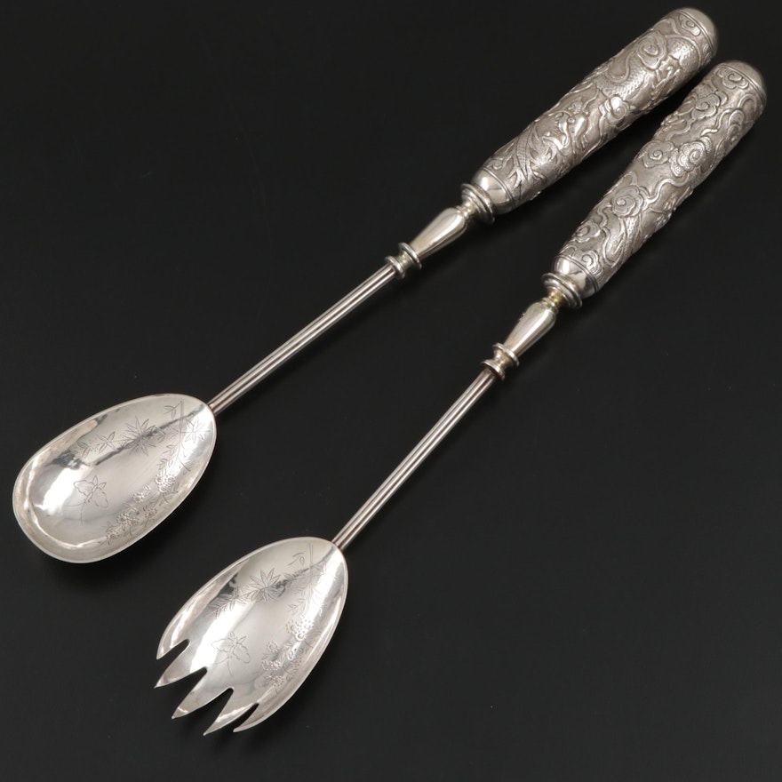 Wang Hing Coin Silver Salad Servers with Sterling Silver Handles