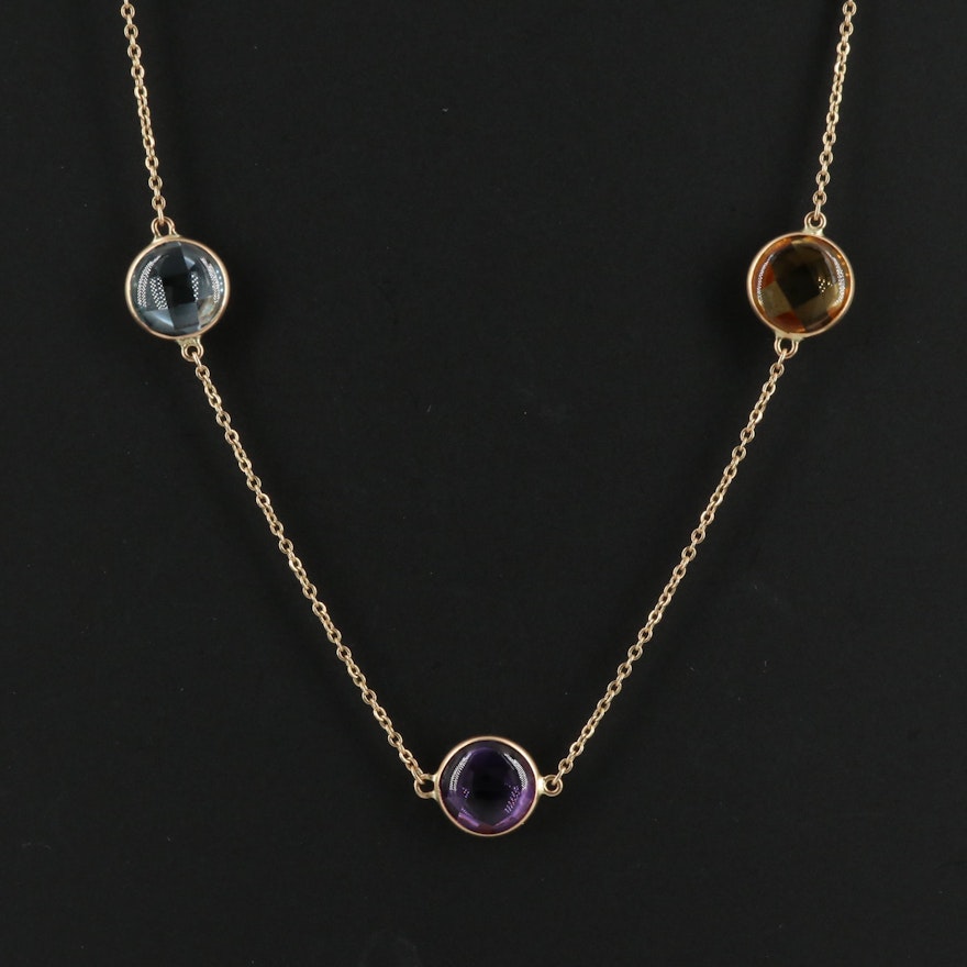 14K Multi Stone Station  Necklace Including Topaz and Amethyst