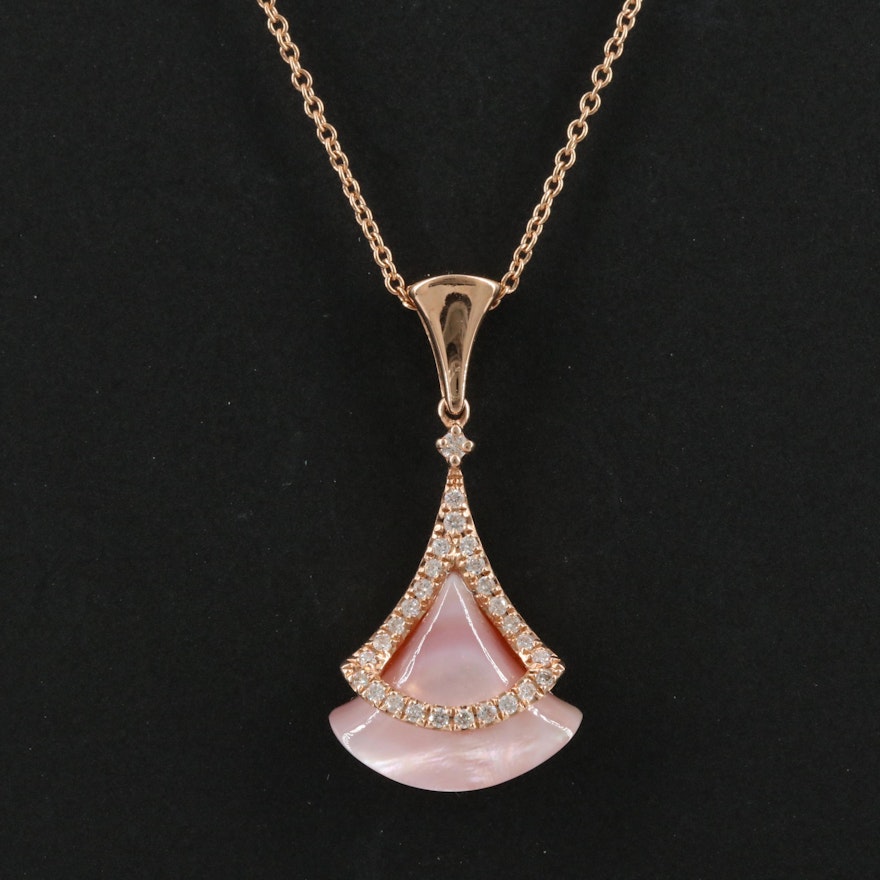 14K Rose Gold Mother of Pearl and Diamond Fan Necklace