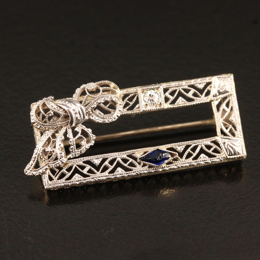 Edwardian 14K Diamond and Sapphire Brooch Frame Brooch with Platinum Accents