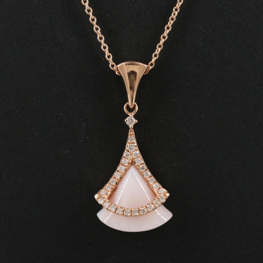 14K Rose Mother of Pearl and Diamond Pendant Necklace