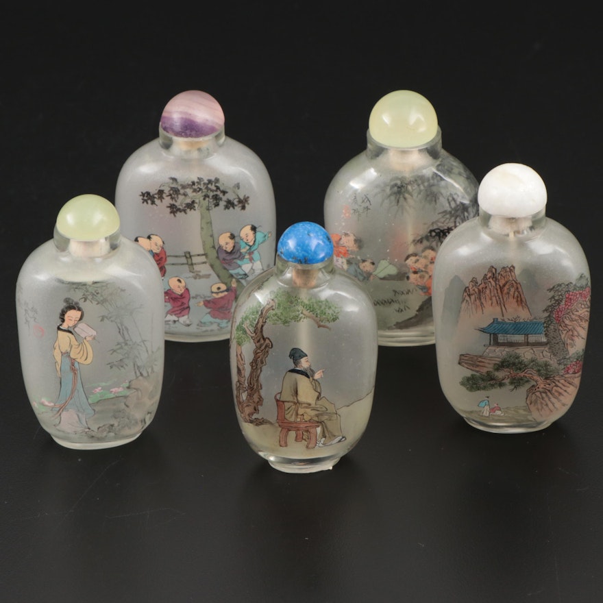 Chinese Hand-Painted Glass Snuff Bottles, Mid to Late 20th Century