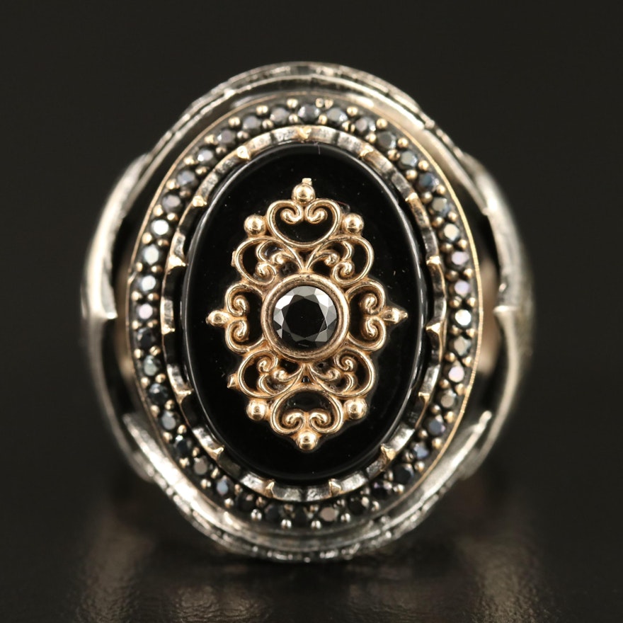 Sterling Black Onyx and Cubic Zirconia Signet Style Ring