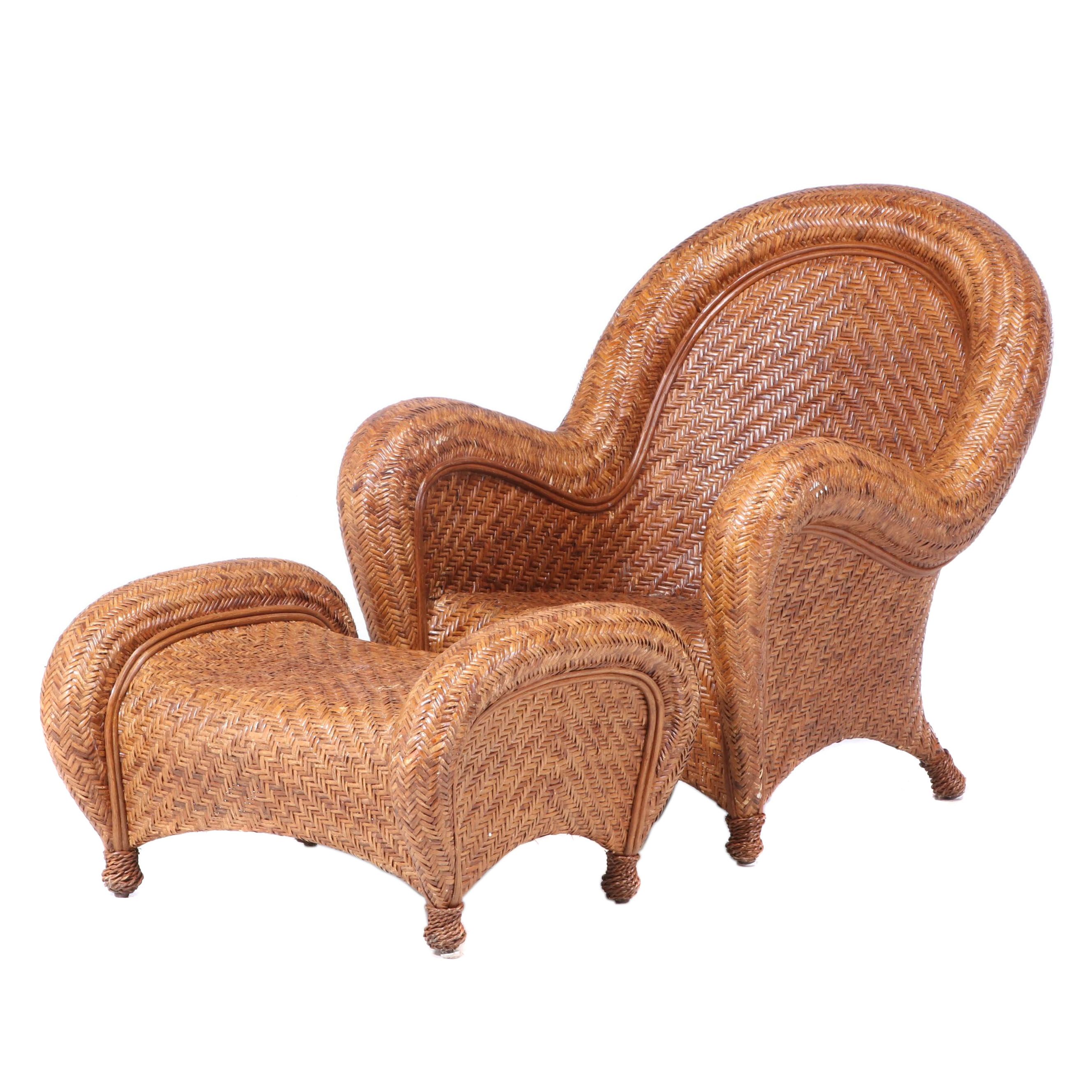Pottery Barn "Malabar" Rattan Armchair and Footstool